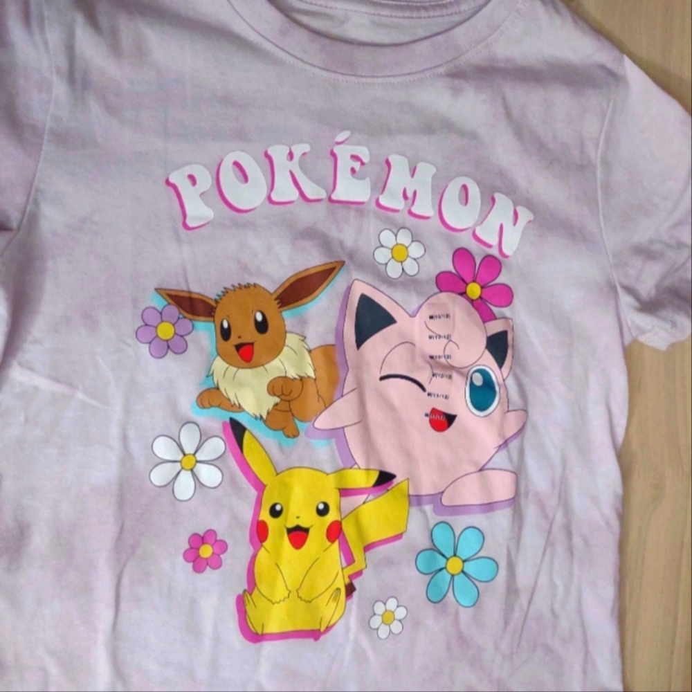 Pokemon Pikachu Eevee Jigglypuff Kawaii Print Lavander T Shirt Junior's Size